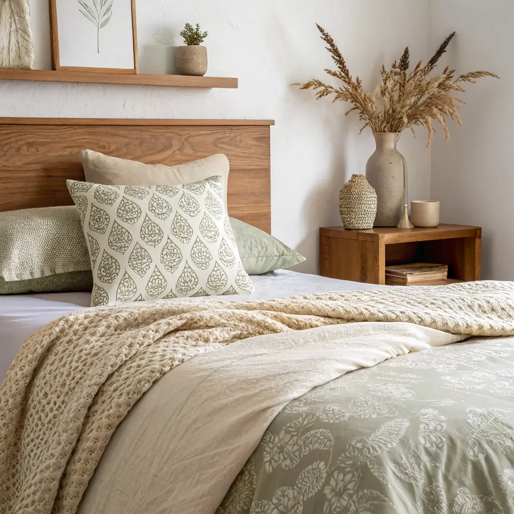 Photorealistic close-up of a layered bed with an oatmeal linen duvet, sage-and-cream block-print pillow, and cream boucle throw, against an oak headboard and warm white wall with a shelf and vase of dried grasses in soft morning light.