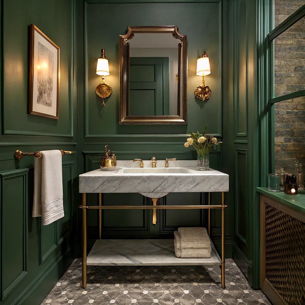 Moody studio-green powder room with brass-leg console vanity, Calacatta Viola marble top, brass faucet, oval gilt mirror, tulip brass sconces, striped wallpaper, and black hex tile floor.