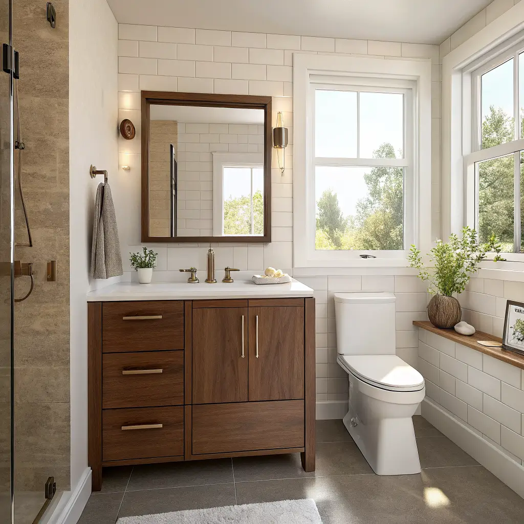 Photorealistic 6x6-foot bathroom with a floating walnut vanity and white quartz top, champagne bronze hardware and wall faucet, bone zellige tile floor, and three styled counter objects lit by midmorning daylight.