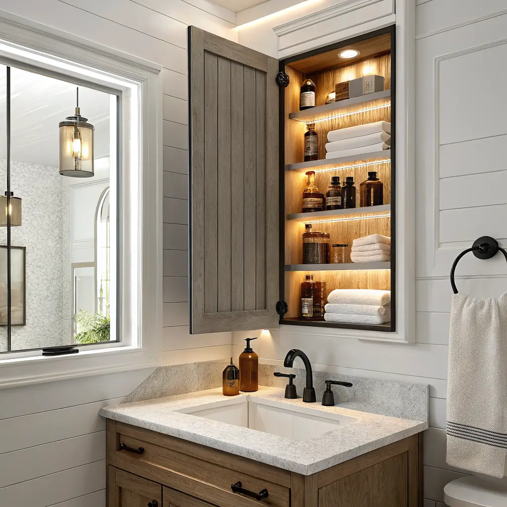 Recessed mirrored medicine cabinet in a modern bathroom, door ajar with LED-lit shelves holding amber bottles, white washcloths, and a brass cup above a white oak floating vanity with matte black faucet.