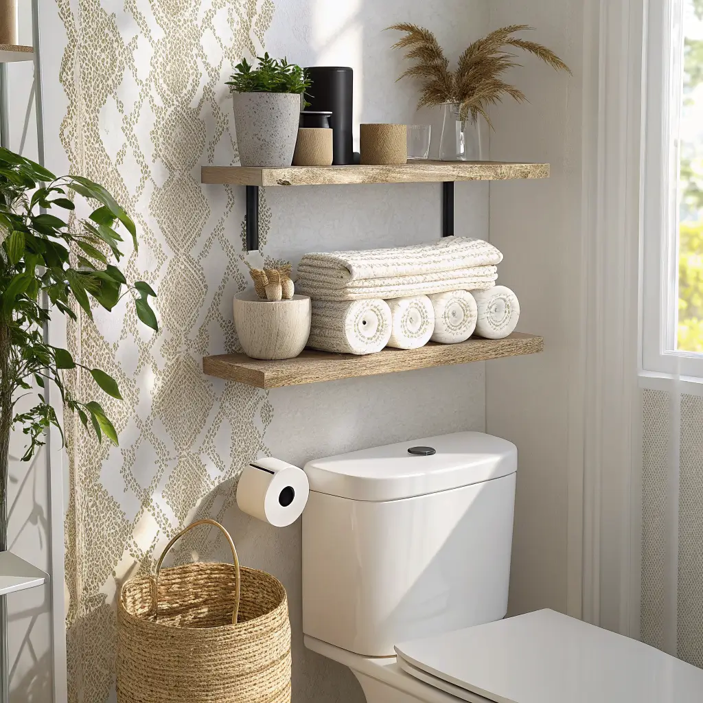 Photorealistic small bathroom over-toilet vignette with two floating white oak shelves on a Chantilly Lace wall above a white skirted toilet, matte black hardware, towels, pottery, seagrass basket with toilet paper, and trailing pothos in warm late-afternoon light.