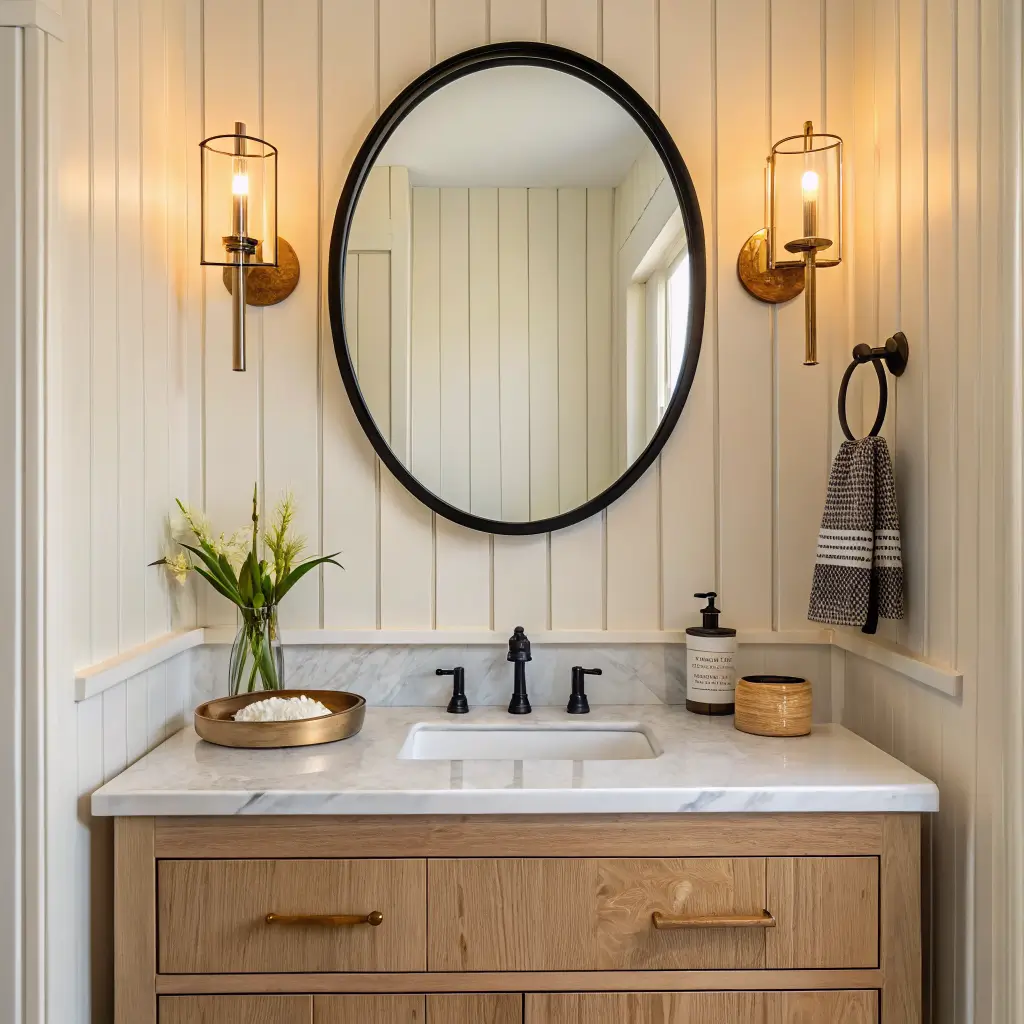 Centered photorealistic small bathroom vanity with round black-framed mirror, floating white oak cabinet, twin brass tulip sconces glowing amber, and marble counter with matte black faucet and minimal accessories.