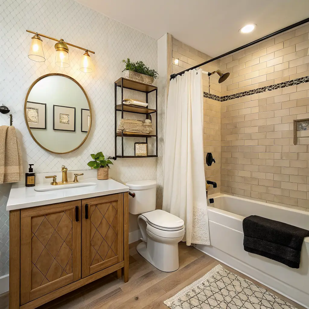 Photorealistic wide-angle view of a small 5x7 hall bathroom with floating oak vanity, tub-shower with bone tile and oat curtain, skirted toilet with oak shelves, warm zellige floor, and brass accents in morning light.