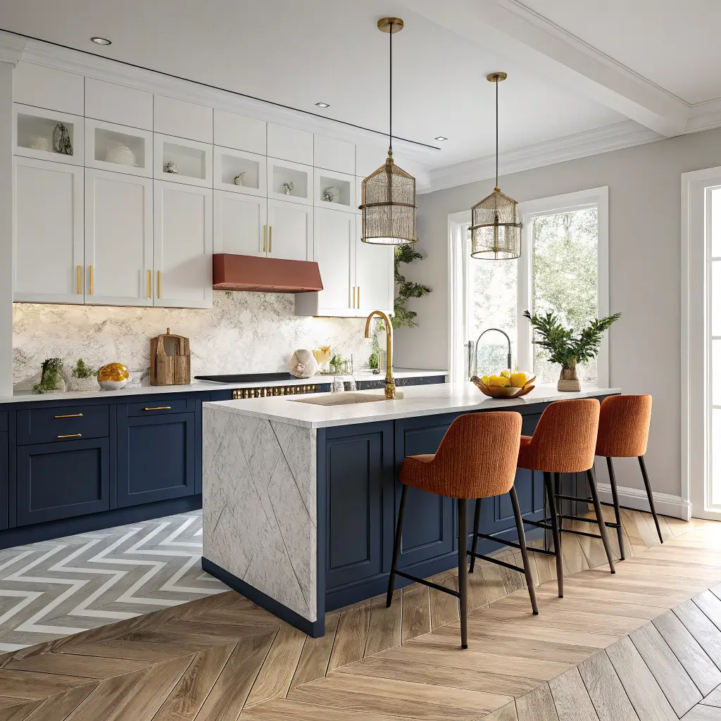 Photorealistic modern kitchen with navy lower cabinets, oak uppers, white marble counters, brass pulls, rust velvet stools, black globe pendants, and a striped runner in soft afternoon light.