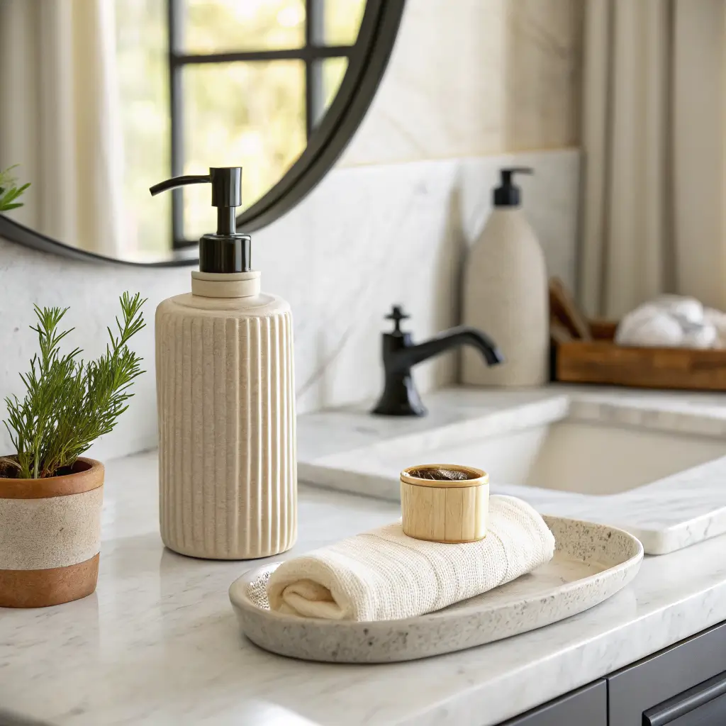 Close-up of a Carrara marble vanity with an oat ribbed soap dispenser, brass tray with hand cream and linen cloth, and a small terracotta rosemary pot, with a blurred matte black faucet and round mirror in soft daylight.