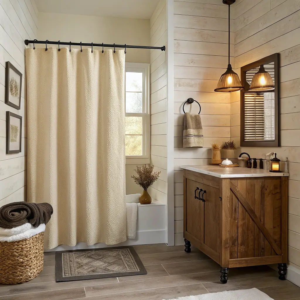 Cozy late-autumn bathroom with cream waffle shower curtain, oat bath mat, brass towel warmer with linen towels, oak floating vanity with lit beeswax candle and dried wheat, warm zellige tile, and soft golden light.