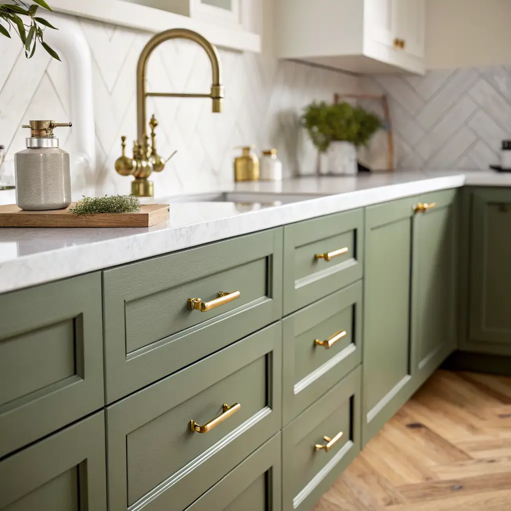 Close-up of olive green Shaker kitchen drawers with brushed brass cup pulls and a brass bridge faucet against a cream zellige backsplash, with a white quartz counter holding a small oak cutting board, brass salt cellar, and rosemary sprig.