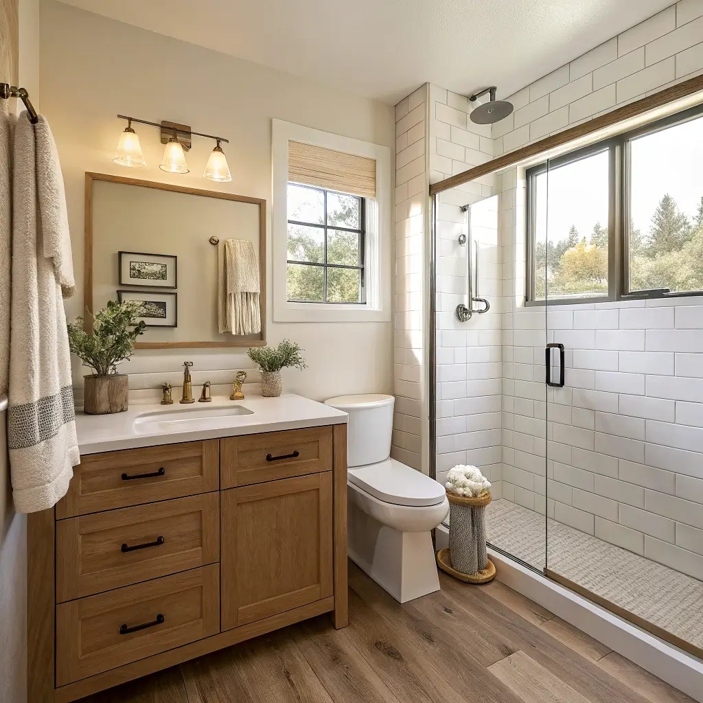 Photorealistic compact 4x6 hall bathroom with Swiss Coffee walls, pale oak-look tile floor, 24-inch light oak floating vanity with white quartz top, frameless glass shower panel with white subway tile, and brushed brass fixtures in soft morning light.