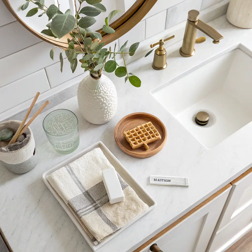 Overhead flat lay on a white quartz vanity with a ceramic tray, brushed brass faucet handle reflection, eucalyptus in a glass vase, folded greige towel, tape measure, and neutral paint and tile swatches in soft daylight.