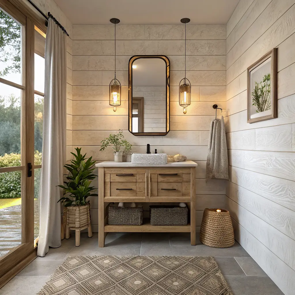 Photorealistic Japandi spa powder room with off-white limewashed walls, light oak wall vanity and stone basin, brass faucet, floor-to-ceiling mirror, ribbed glass sconce, warm towel hook, and a small ZZ plant in a corner.