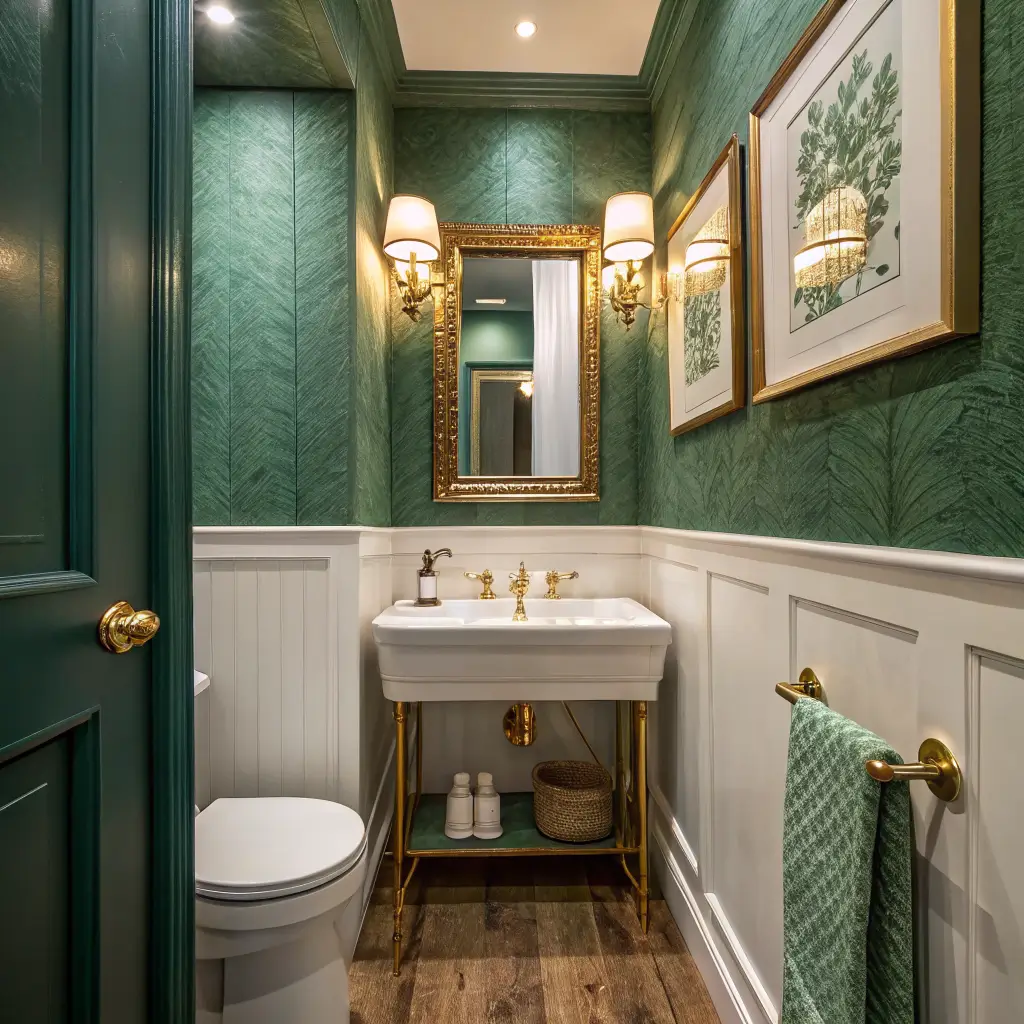 Low-angle doorway view of a tiny emerald-green powder room with seamless textured walls and ceiling, white wall-mounted sink, brass faucet and sconces with amber glass, slim mirror, warm oak-look tile floor, and a small botanical print.