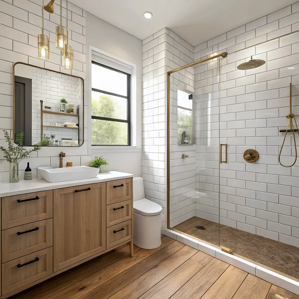 Photorealistic tiny bathroom shower corner with ceiling-height white subway tile, curbless oak-look floor, frameless glass panel, brushed brass fixtures, and recessed niche with minimalist bottles in morning light.