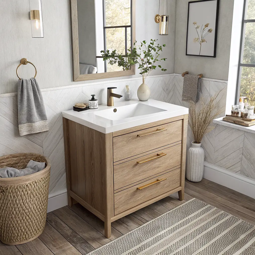 Photorealistic tiny bathroom vanity with floating light oak cabinet, quartz integrated sink, brass faucet, recessed LED medicine cabinet, ribbed glass sconces, and olive branch vase in soft daylight.