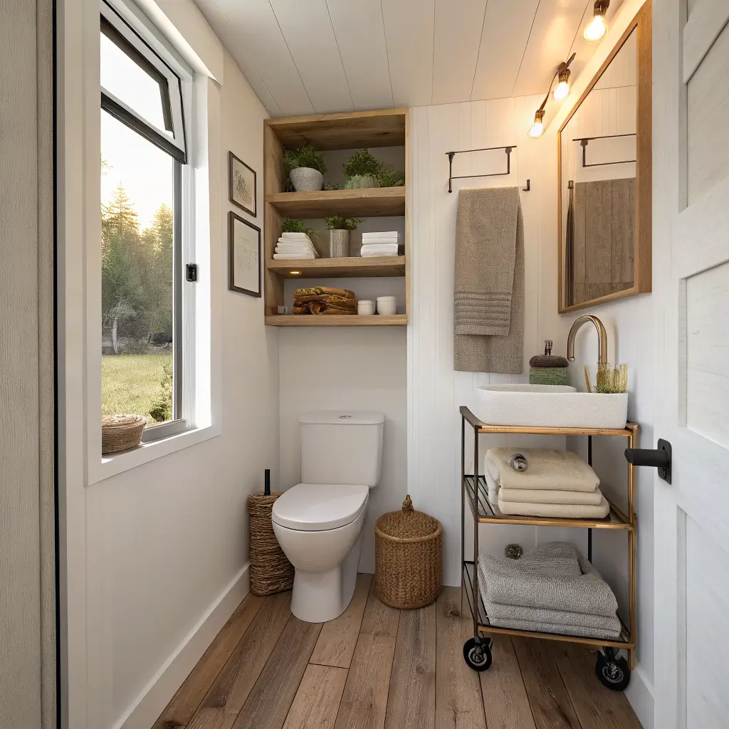 Photorealistic tiny bathroom with warm white walls, wood-look porcelain floor, two light oak floating shelves with folded greige towels, stoneware and trailing pothos above a compact white toilet, and a slim brushed brass rolling cart holding rolled towels in soft afternoon light.