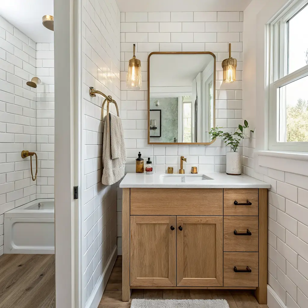 Photorealistic tiny bathroom with floor-to-ceiling mirror on vanity wall reflecting white subway tile, brass sconces, light oak floating vanity, and wood-look tile floor in bright morning light.