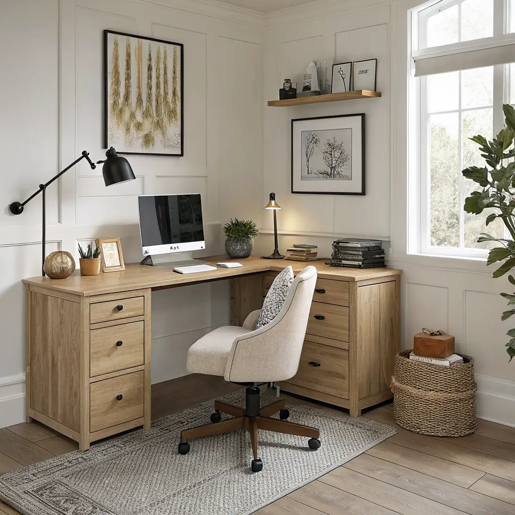Photorealistic home office corner with light oak L-shaped desk, cream bouclé chair, black-and-brass wall sconce, floating shelf decor, sage trailing plant, oak floors, oatmeal rug, and late morning daylight.