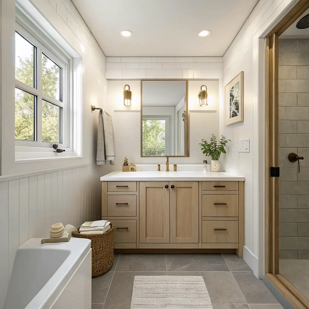Photorealistic minimalist Scandinavian bathroom with warm white walls, floating white oak vanity, brass faucet, arched mirror, greige tile floor, and soft morning light from a small frosted window.