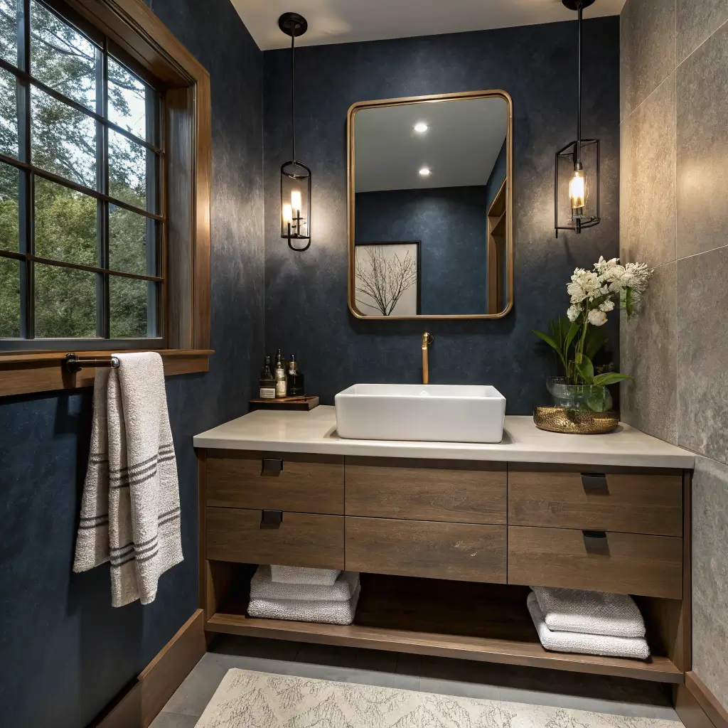 Photorealistic moody urban spa powder room with ink-navy limewashed walls and ceiling, floating walnut vanity with white quartz top, matte black faucet and beige vessel sink, brass sconces flanking a black-framed mirror, pale taupe porcelain floor, orchid in smoked glass vase.