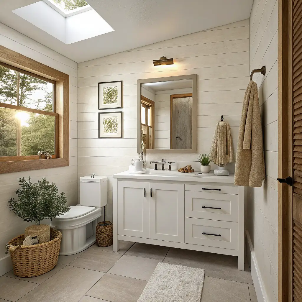 Photorealistic 35-sq-ft bathroom refresh with Swiss Coffee walls, greige 12x24 tile floor, 24-inch white oak floating vanity with quartz top and brass faucet, arched mirror, linen towels, eucalyptus, and sample tiles in soft daylight.