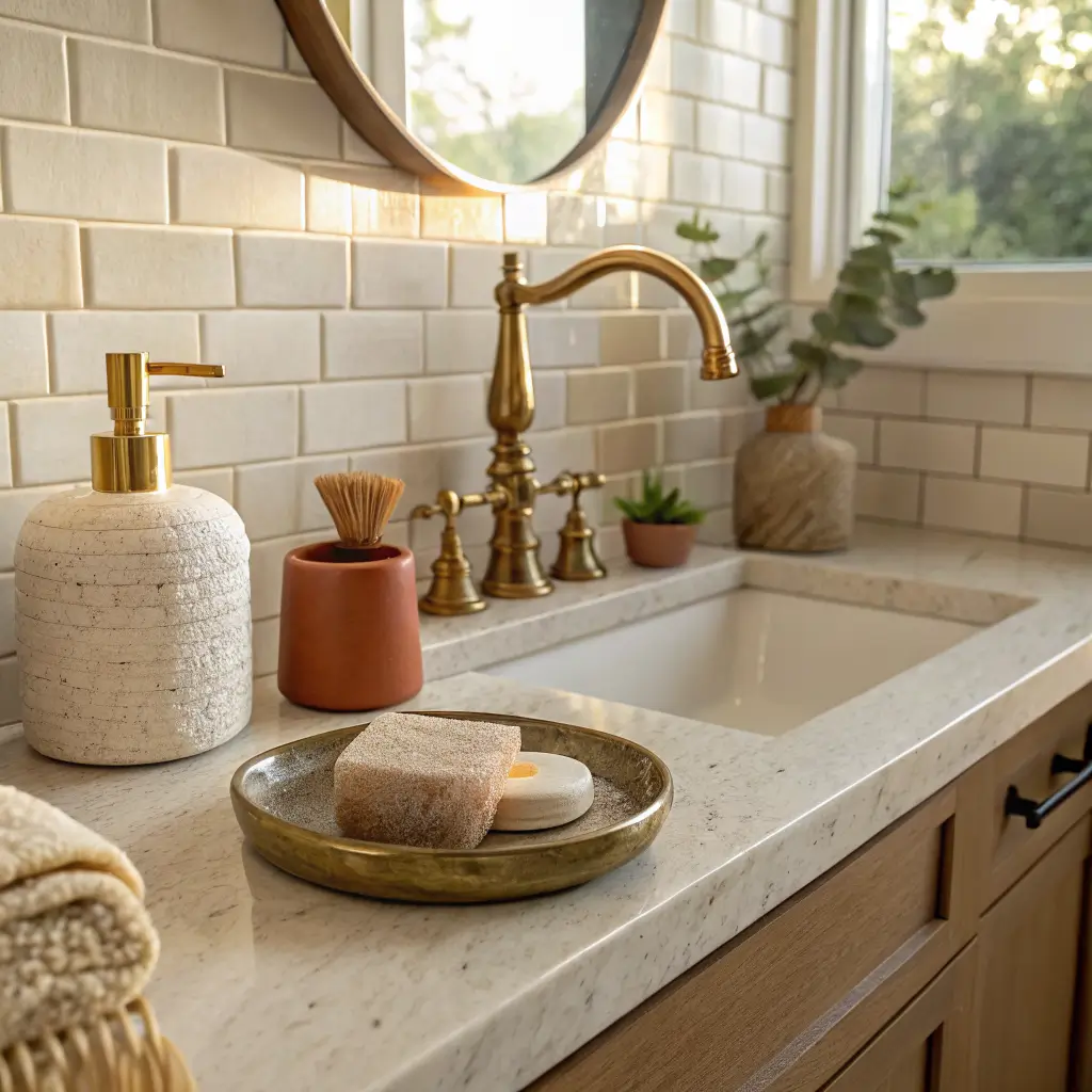 Close-up of a small bathroom vanity in warm golden light, with an ivory quartz counter, pale greige subway tile, brass faucet detail, beige soap dispenser, marble tray, trailing plant, linen washcloth, and pale oak-look floor.
