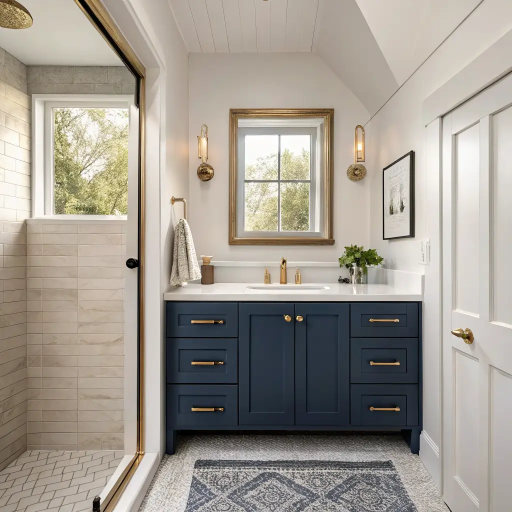 Photorealistic small bathroom with a floating ink-navy vanity, brass hardware, quartz top, arched brass mirror, warm white walls, pale taupe tile floor, and warm window and sconce lighting.