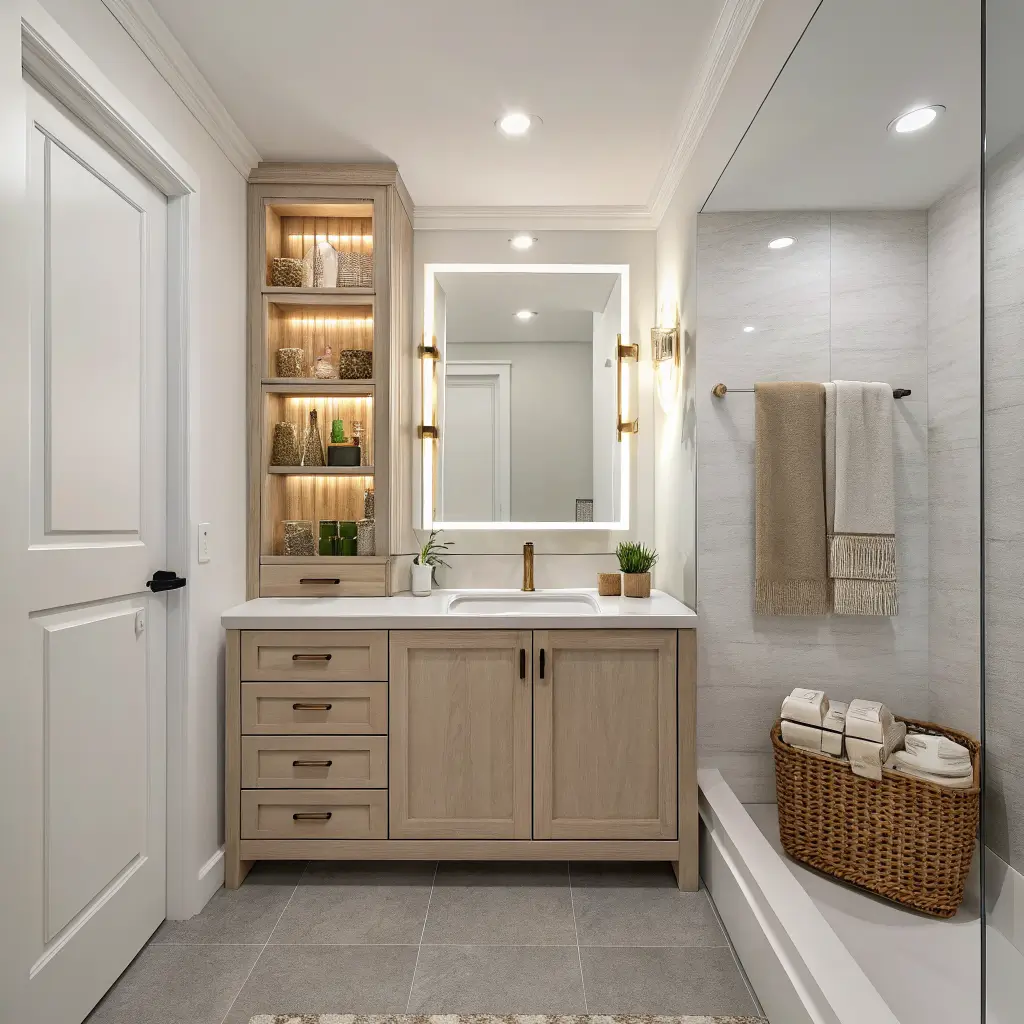 Photorealistic small bathroom with warm white walls, a floating white oak vanity, brushed brass faucet, and a tall recessed LED-lit medicine cabinet mirror reaching near the ceiling.
