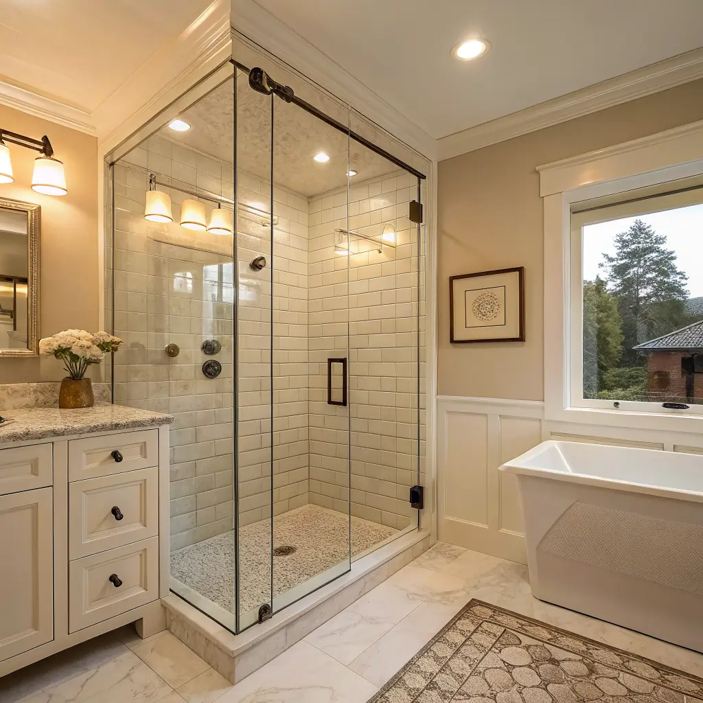 Photorealistic small bathroom with frameless glass walk-in shower, greige subway tile feature wall, brass niche and fixtures, and pale greige floor continuing seamlessly from vanity to shower in warm daylight.
