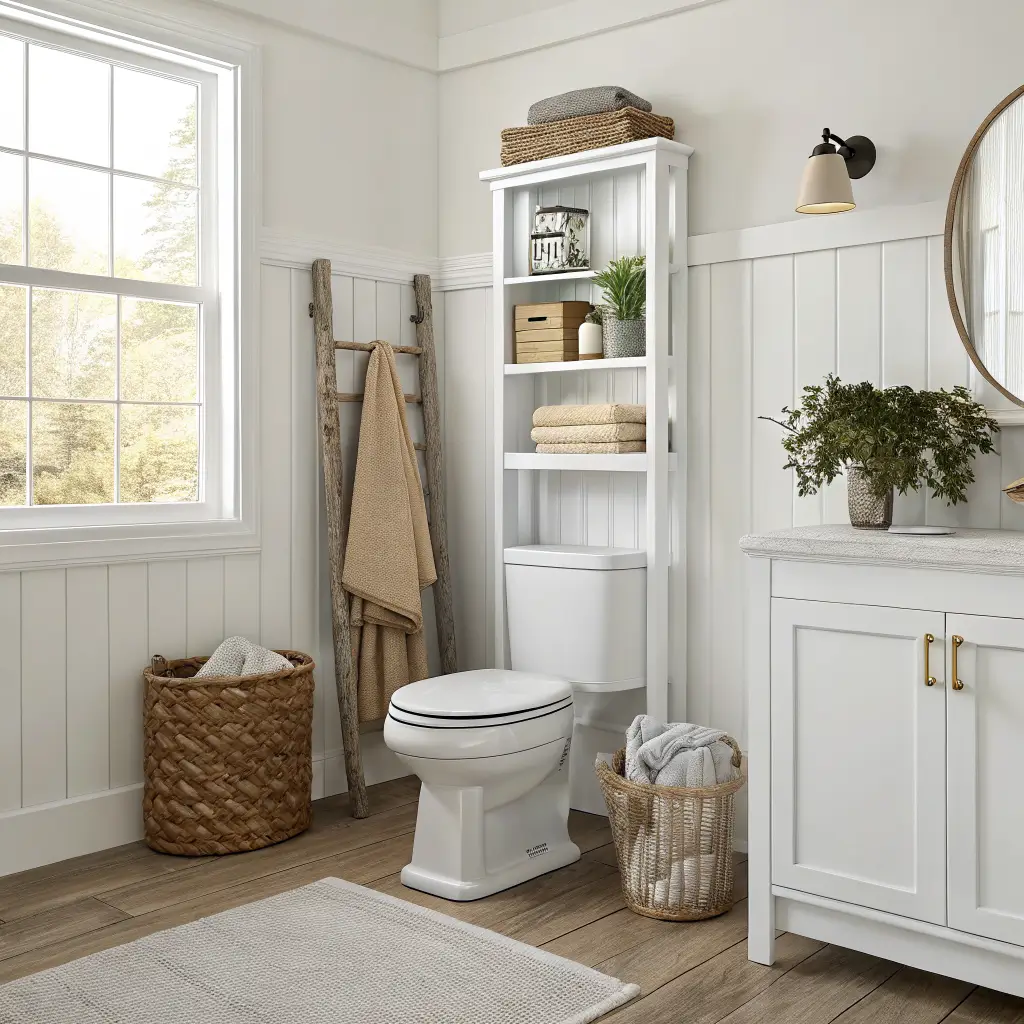 Photorealistic bathroom wall storage over a white toilet with white oak two-tier shelf, rolled linen towels, seagrass basket with eucalyptus, and brass hooks holding an ivory robe and greige towel.