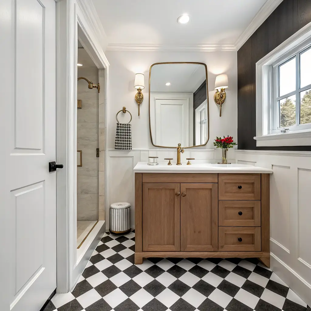 Photorealistic small bathroom with black-and-white checkerboard peel-and-stick floor, Swiss Coffee white walls, floating white oak vanity, brass faucet and sconces, oval gilt mirror, and a single white tulip in warm afternoon light.