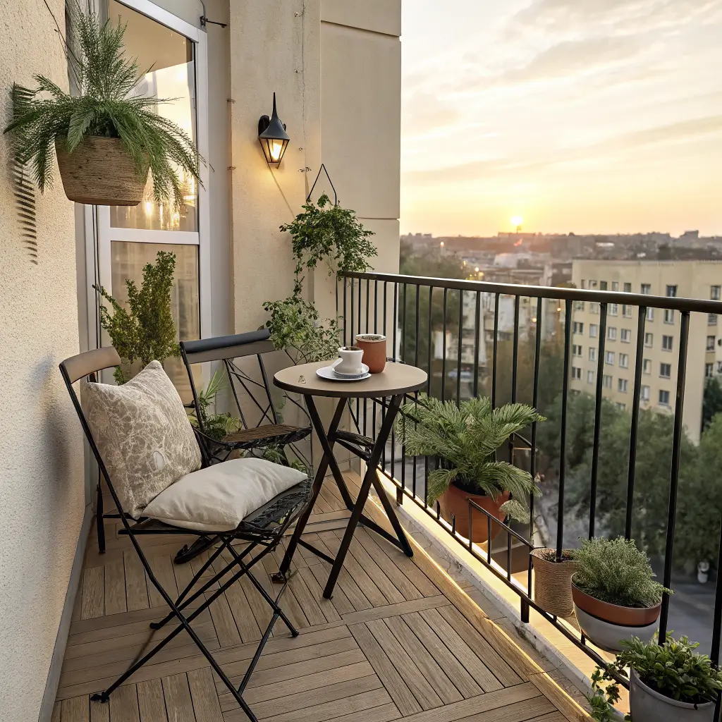 Tiny Scandi-boho balcony at golden hour with black bistro set, string lights, and cascading green plants over railing.
