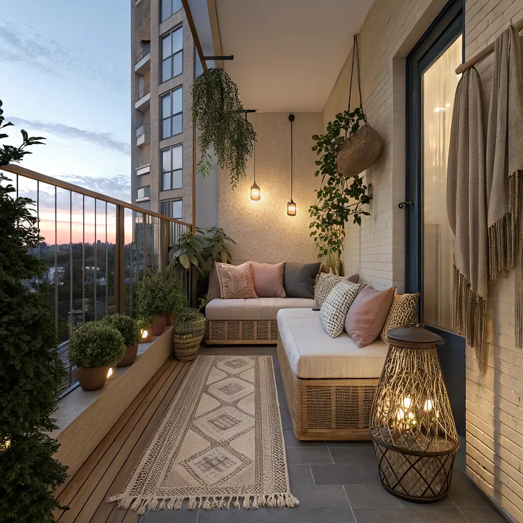Photorealistic dusk view of a narrow urban boho balcony with rattan loveseat, layered rug and cushions, macramé hanging plants, glowing brass lantern and warm string lights.