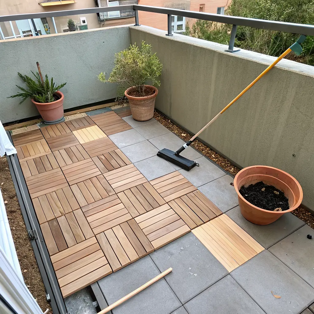 Overhead flat-lay of installing interlocking pale acacia deck tiles on a small concrete balcony, with half greige concrete, half wood tiles, a few matte black tiles, and a broom, terracotta pot, and sage plant at the edge.