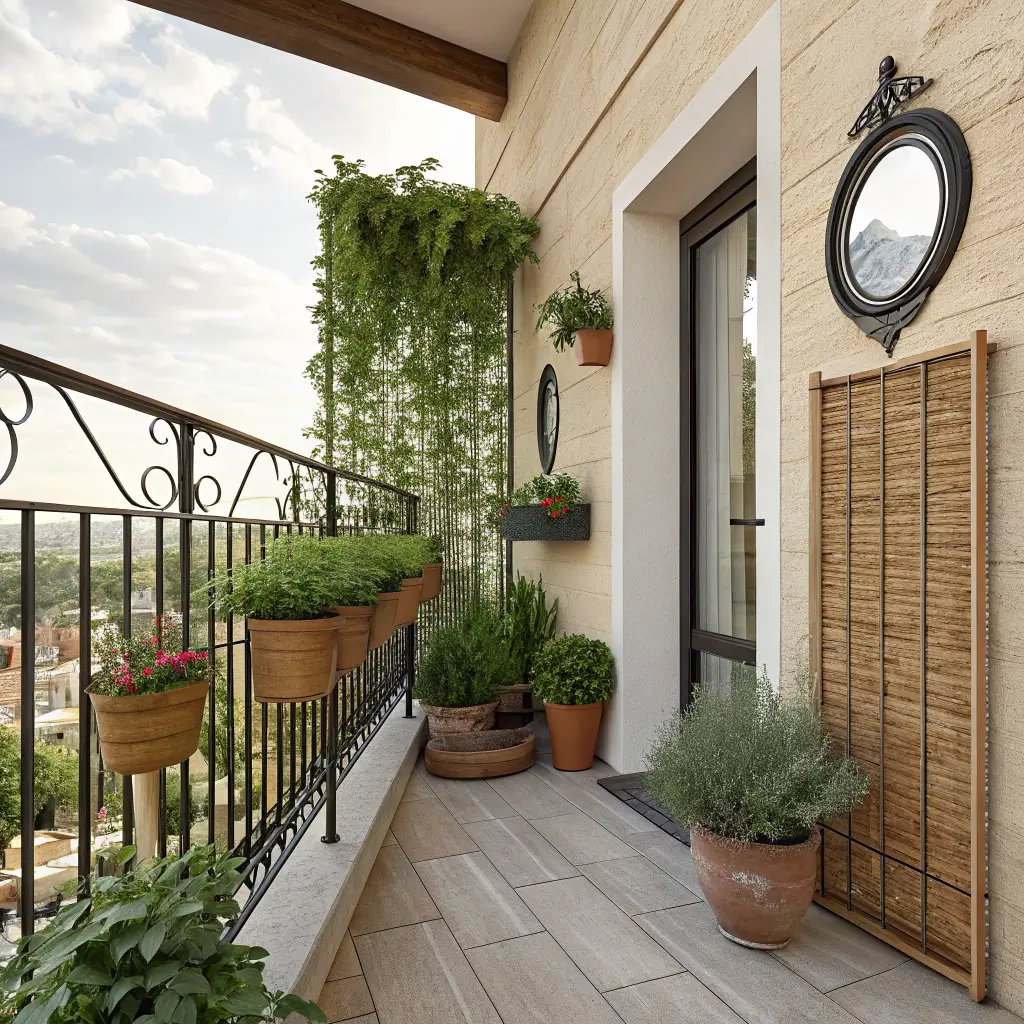 Photorealistic low-angle view of a small balcony with wrought iron railing planters of basil, thyme, and ivy, bamboo privacy screen, wall trellis with terracotta sage pots, and a matte black round mirror reflecting greenery.