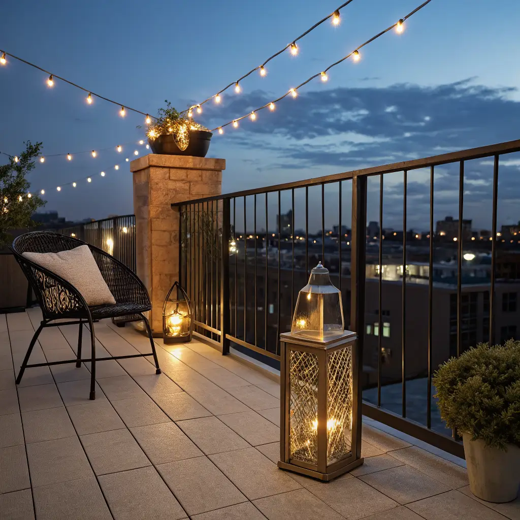 Photorealistic blue-hour balcony with warm string lights, brass lantern candle, black bistro chair, sand cushion, pothos on railing, and city bokeh beyond.