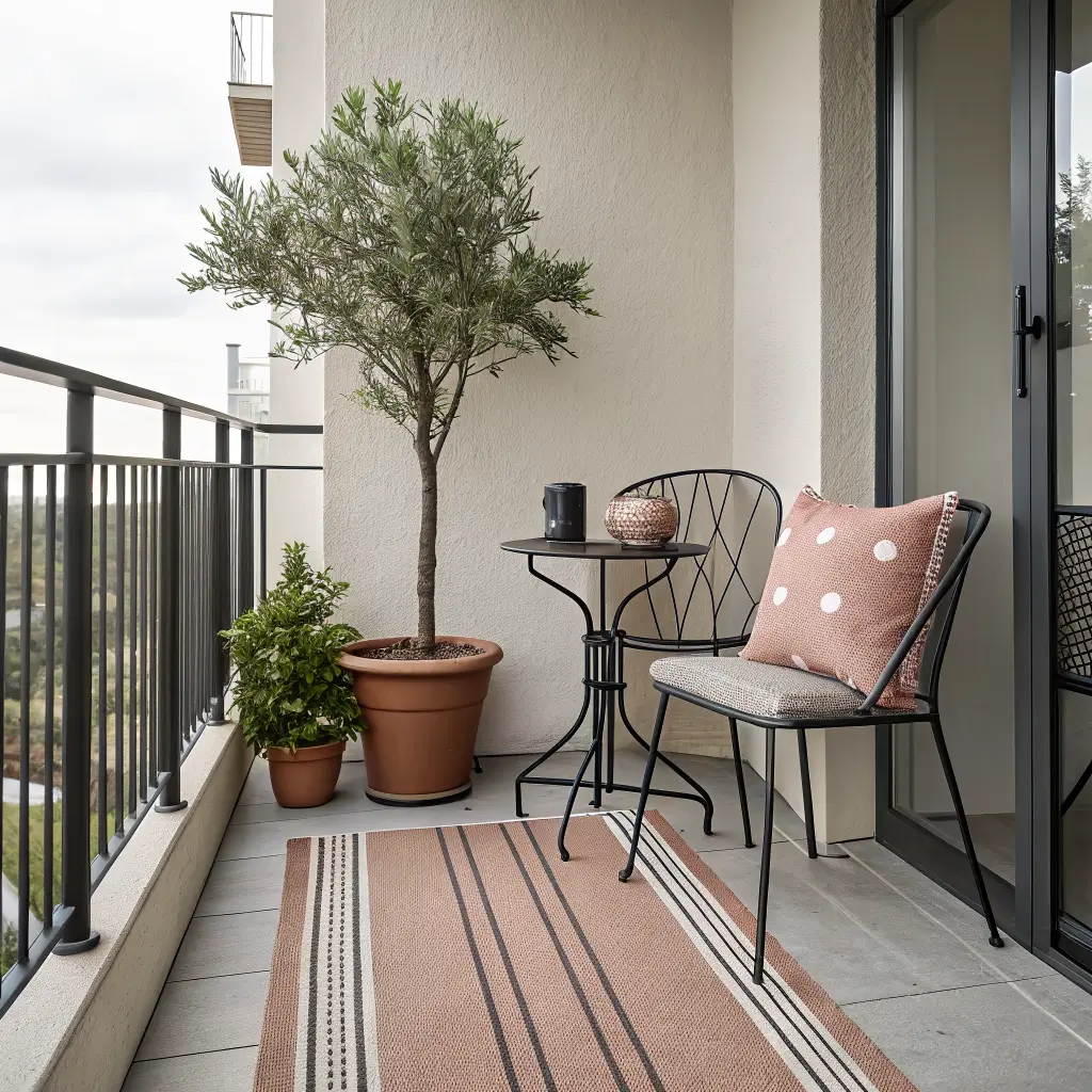 Straight-on photorealistic view of a small balcony with a sand striped flatweave rug, black metal bistro set, sage potted olive tree in terracotta, and dusty pink and rust accent pillows against greige stucco walls in soft midday light.
