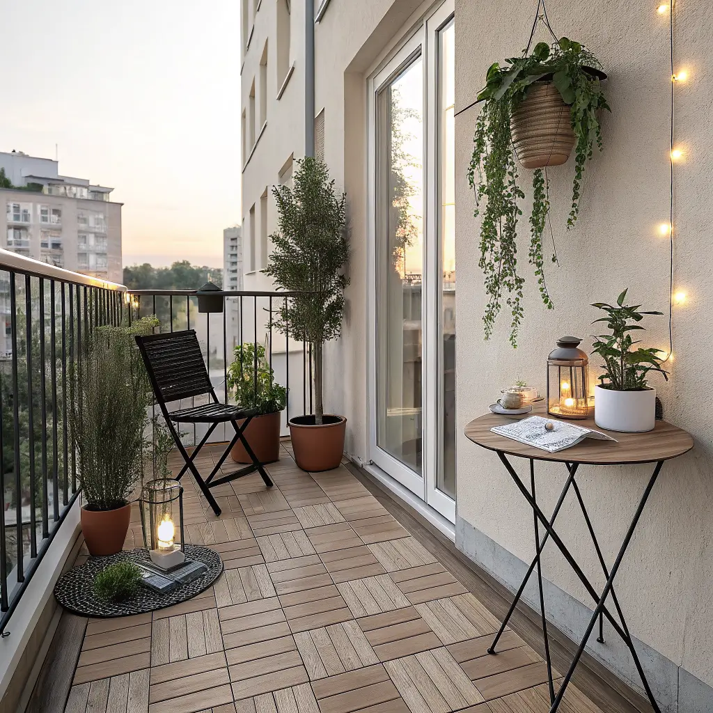 Photorealistic wide-angle view of a small balcony mid-makeover with pale acacia deck tiles, black bistro chair, side table with candle and book, layered plants, and coiled string lights in warm afternoon light.