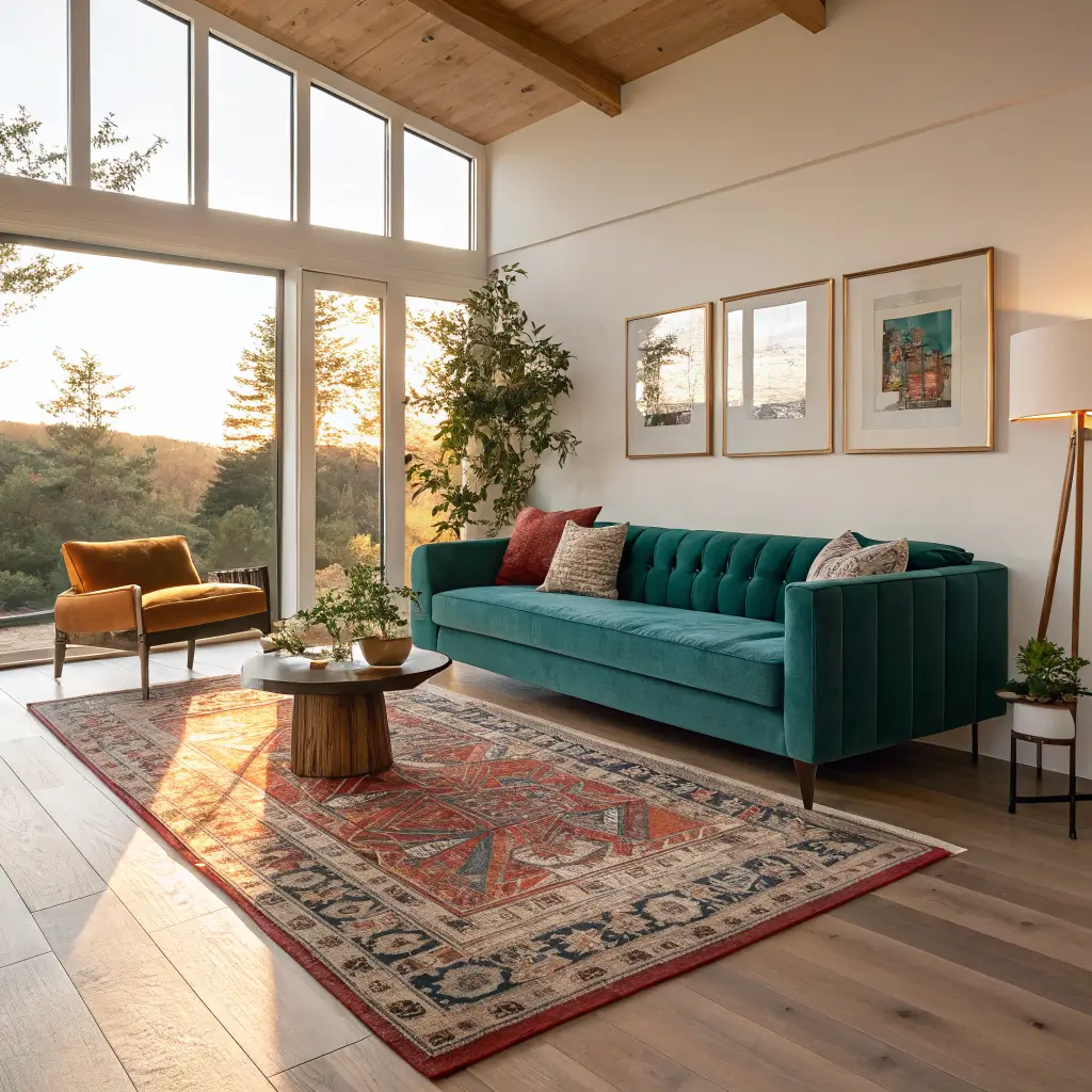 Photorealistic modern colorful living room at golden hour with emerald velvet sofa, Turkish rug, travertine coffee table, cobalt chairs, and warm sunlight through tall windows.