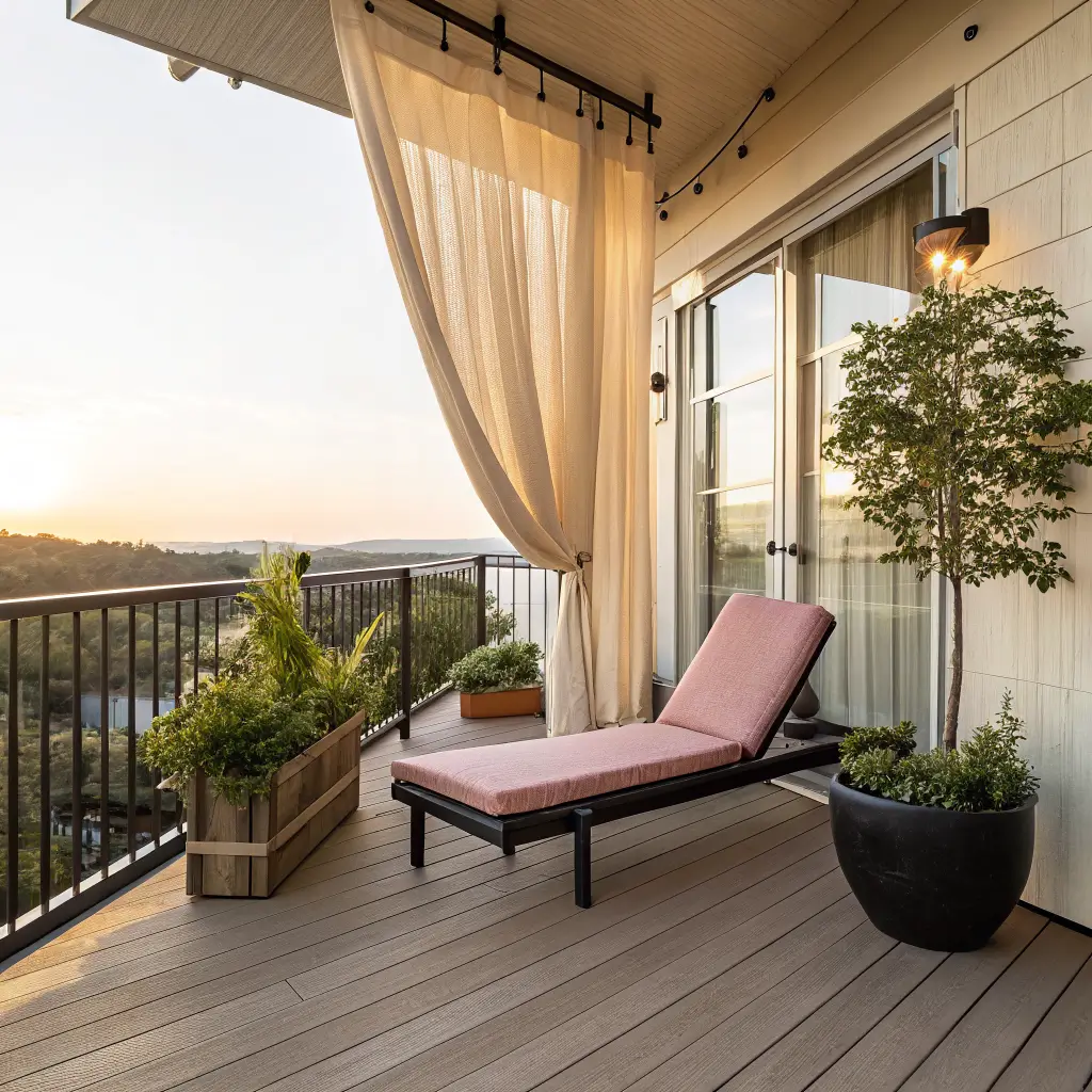 Serene west-facing balcony with sand Sunbrella shade curtain, teak chaise with dusty pink cushion, black planter stands with trailing greenery, and pale acacia deck tiles in warm late-afternoon light