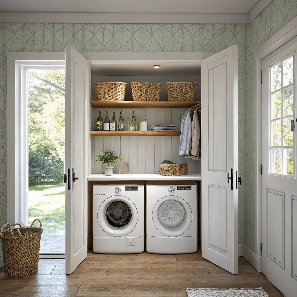 Photorealistic Scandi-style laundry closet with stacked white washer-dryer, white oak counter and shelf, sage wallpaper, matte black rod with linen shirts, baskets, pothos, and warm LED lighting.