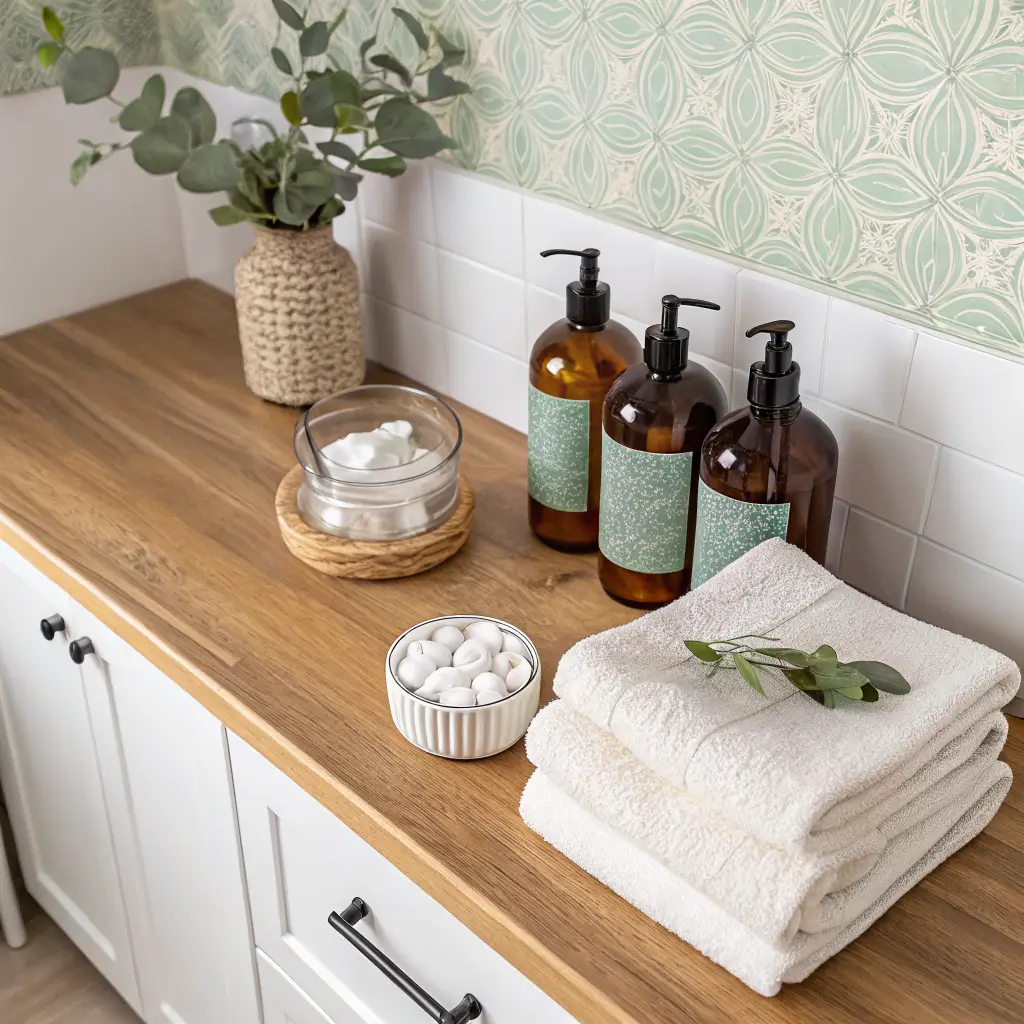 Overhead flat-lay of a tidy laundry closet counter with amber pump bottles, apothecary jars of dryer balls and OxiClean, brass safety pins, folded white towels, and eucalyptus beside pale sage wallpaper.