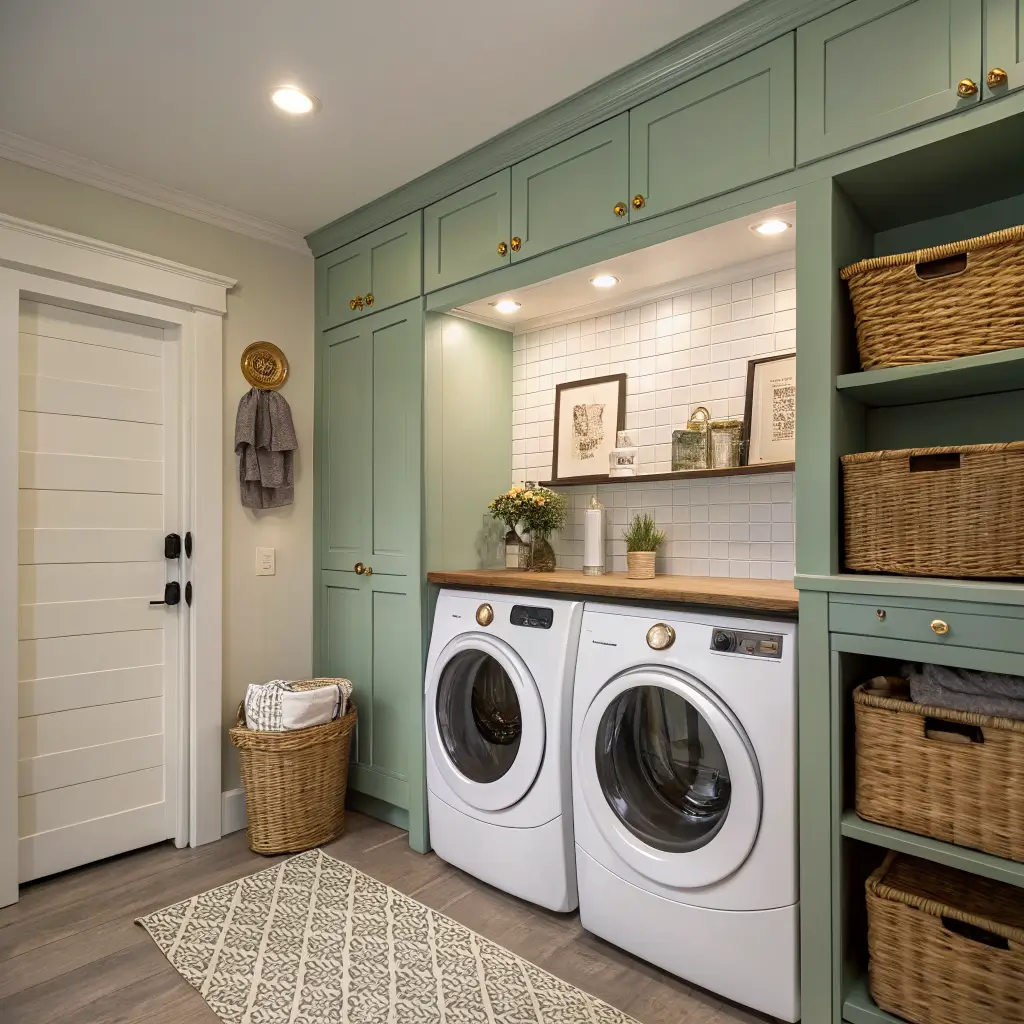 Photorealistic coastal laundry niche with white front-loading washer and dryer beneath butcher block, sea-glass beadboard wall, shaker cabinet with brass pulls, warm sconce light, and cream-sage runner.