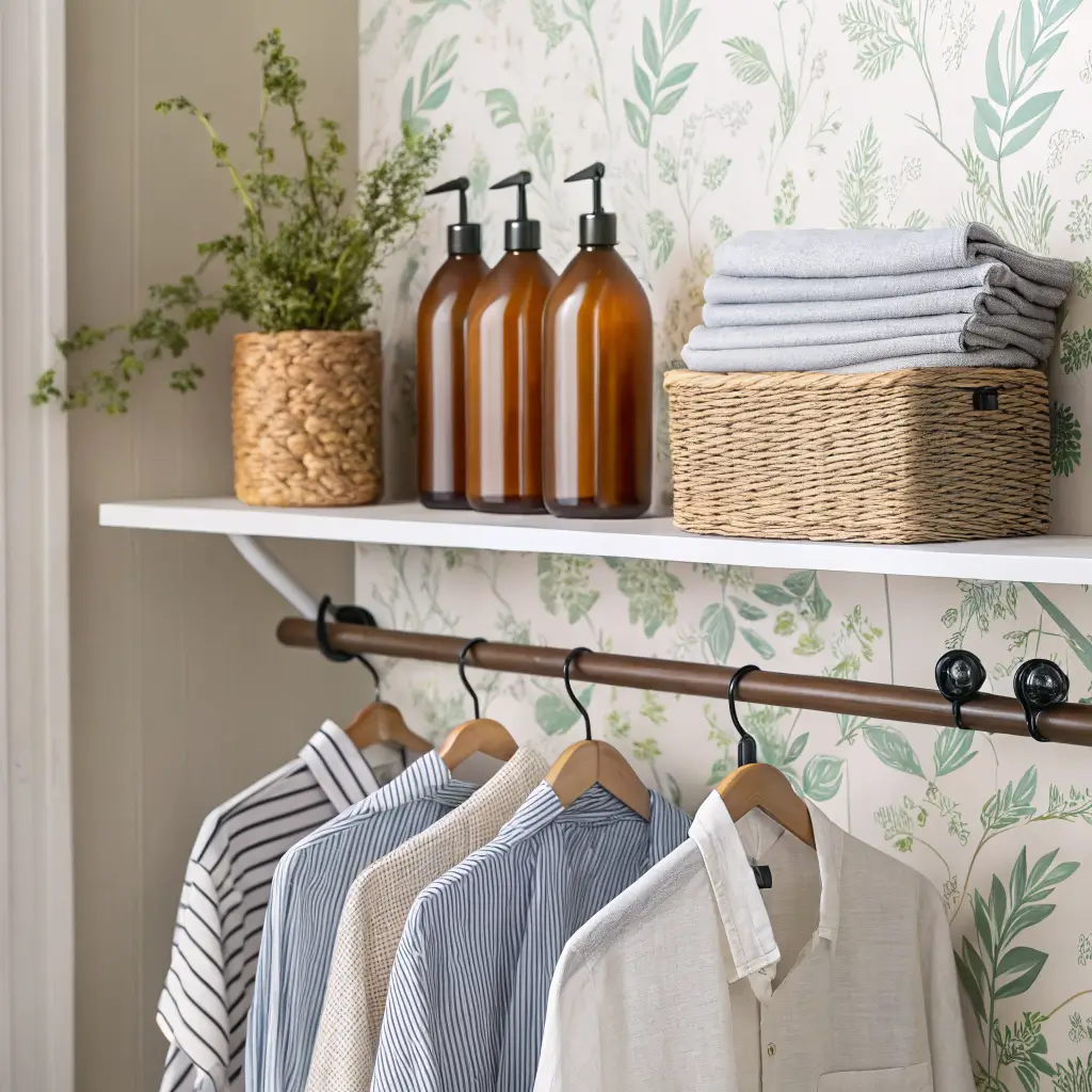 Close-up of a laundry closet shelf with amber pump bottles, seagrass basket, and folded striped linen above a black rod holding three white shirts against pale sage wallpaper in warm light.