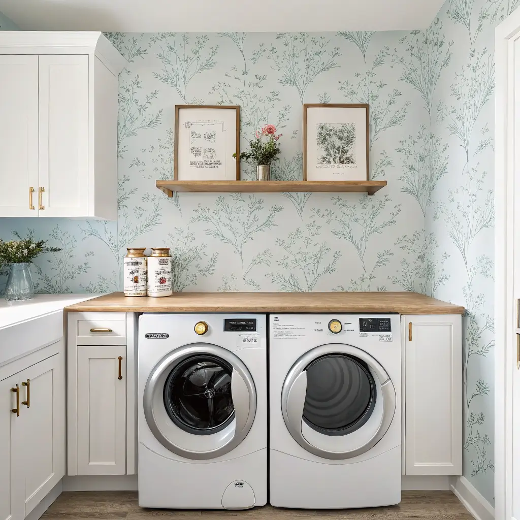 Symmetrical laundry nook with a stacked washer-dryer against a pale dusty blue botanical wallpaper accent wall, flanked by white cabinetry, with a white oak counter, brass hardware, and framed botanical art.