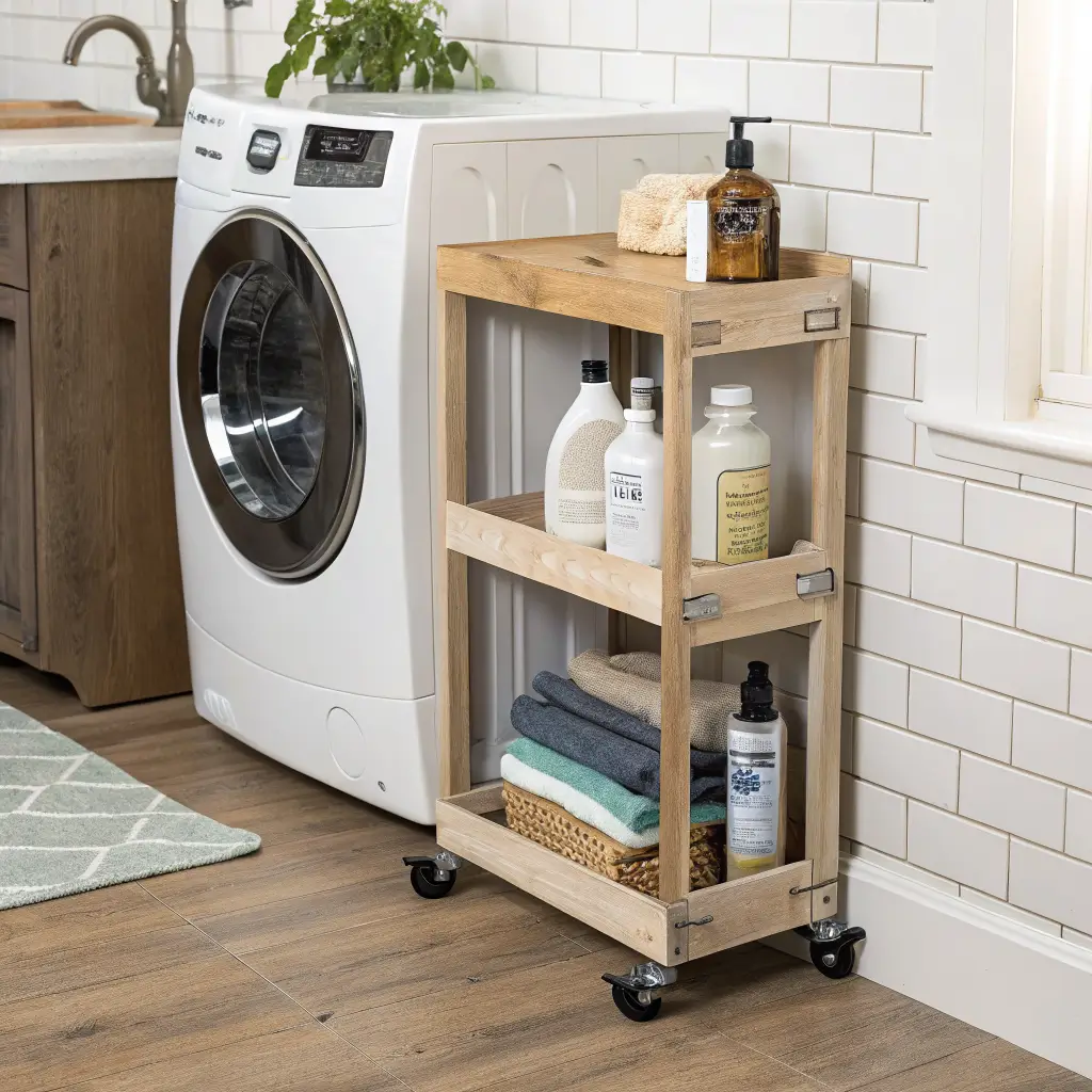 Side view into an 8-inch gap beside a white washer showing a slim wooden rolling cart with detergent bottles, dryer balls, lint brush, and stain spray, lit by warm under-counter LEDs against sage wallpaper.