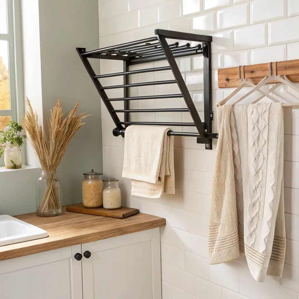 Wall-mounted black accordion drying rack extended in a small laundry closet, holding cream towels and a folded sweater above an oak counter with vase, seagrass hamper, and shelf with amber jars in warm light.