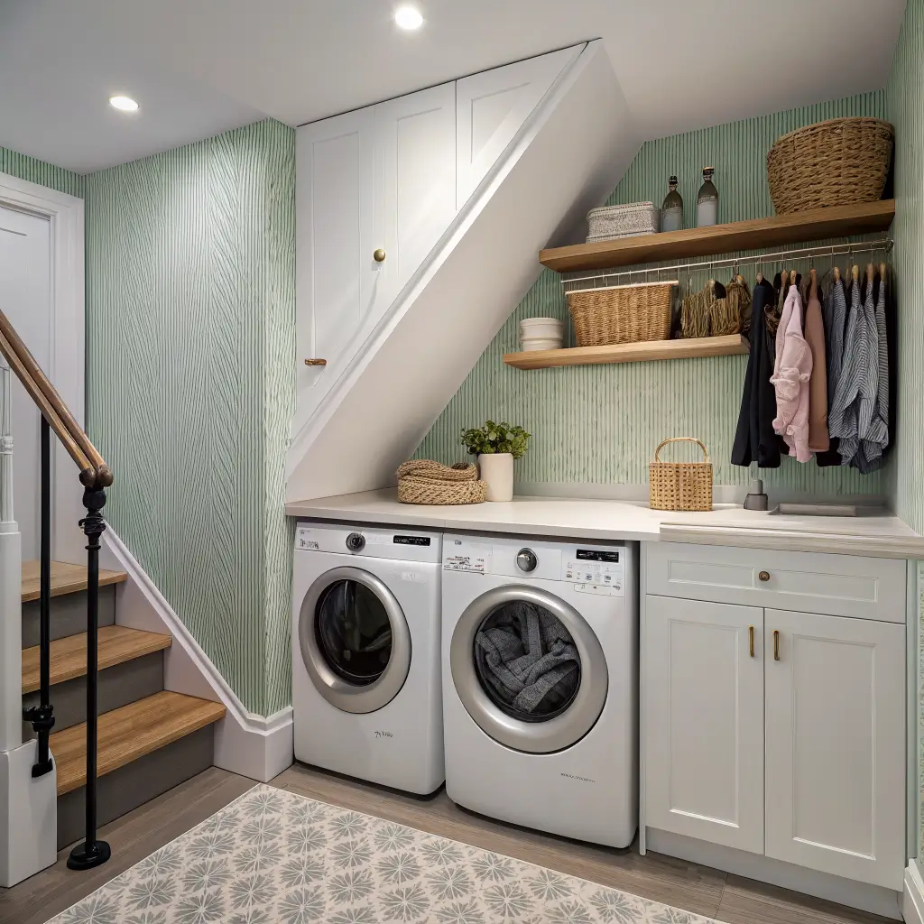 Photorealistic wide shot of a cozy under-stair laundry nook at twilight with a white oak counter over stacked washer-dryer, sage wallpaper, white shaker cabinet with brass pulls, shelves with iron and refill jars, matte black hanging rod with shirts, warm LED and brass sconce lighting, and a sage-and-cream runner.