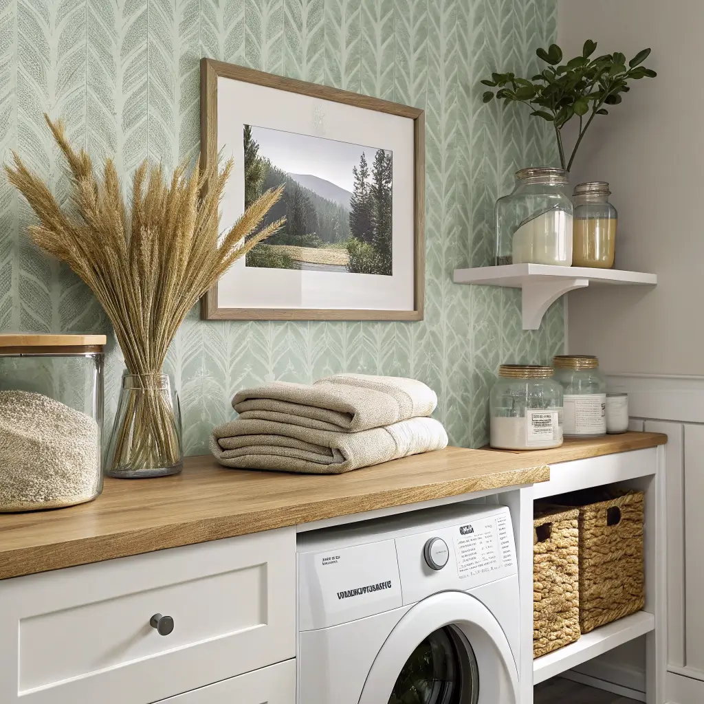 Seasonal laundry-closet vignette on a white oak counter with dried wheat and eucalyptus in a crock, framed moody landscape, folded cream throws, amber jars on shelf, and sage runner below in warm mid-morning light.