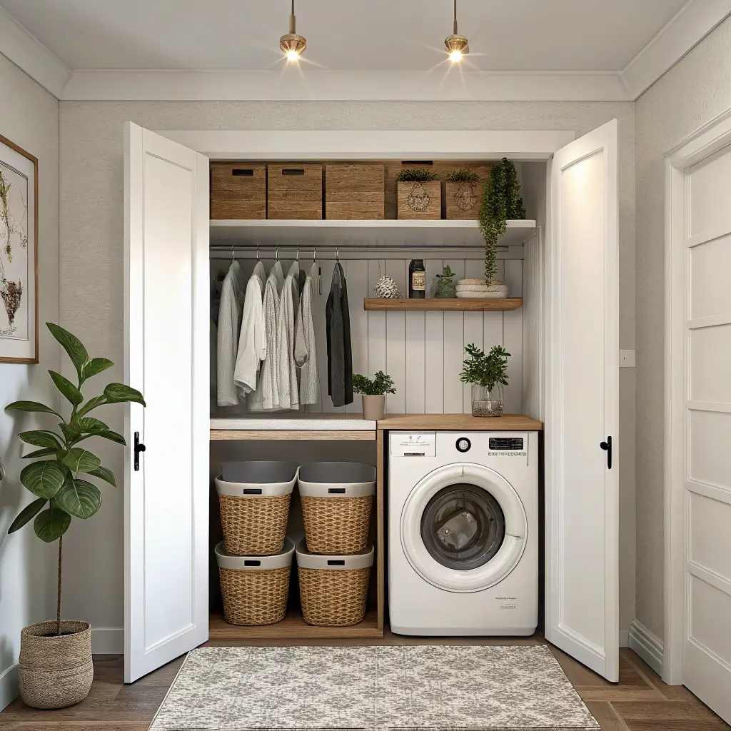 Boho-modern laundry closet with open bifold doors, white stacked washer-dryer under an oak counter, floating oak shelf with rattan baskets and trailing pothos, black rod with linen tunics, patterned sage runner, and warm golden afternoon light.