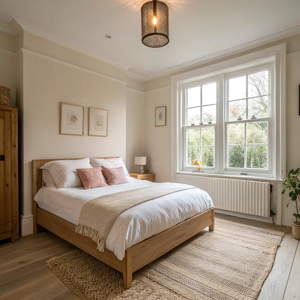 Small 7x9 ft Victorian conversion bedroom with soft northern light, pale greige walls, low light-oak platform bed in warm white linen with blush cushion and cream knit throw, jute rug, slim radiator, and charcoal lamp, viewed from the doorway.