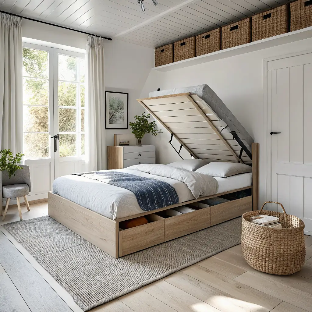 Compact Scandi-minimal bedroom with an ash-wood ottoman bed lifted to show under-bed storage of folded linens and a seagrass basket in soft late-morning light.